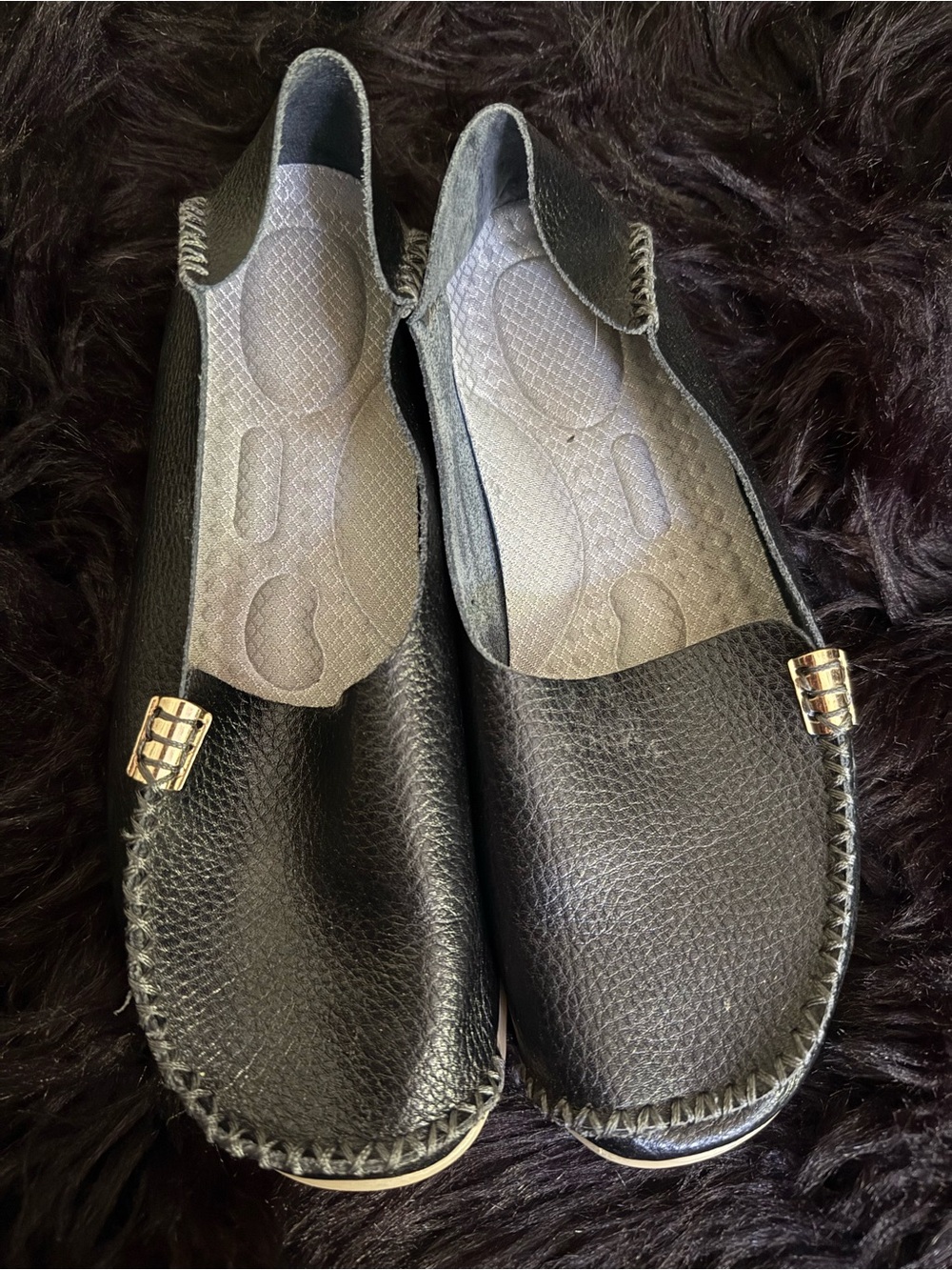 Black Slip-On Moccasin Loafers with Gold Accent